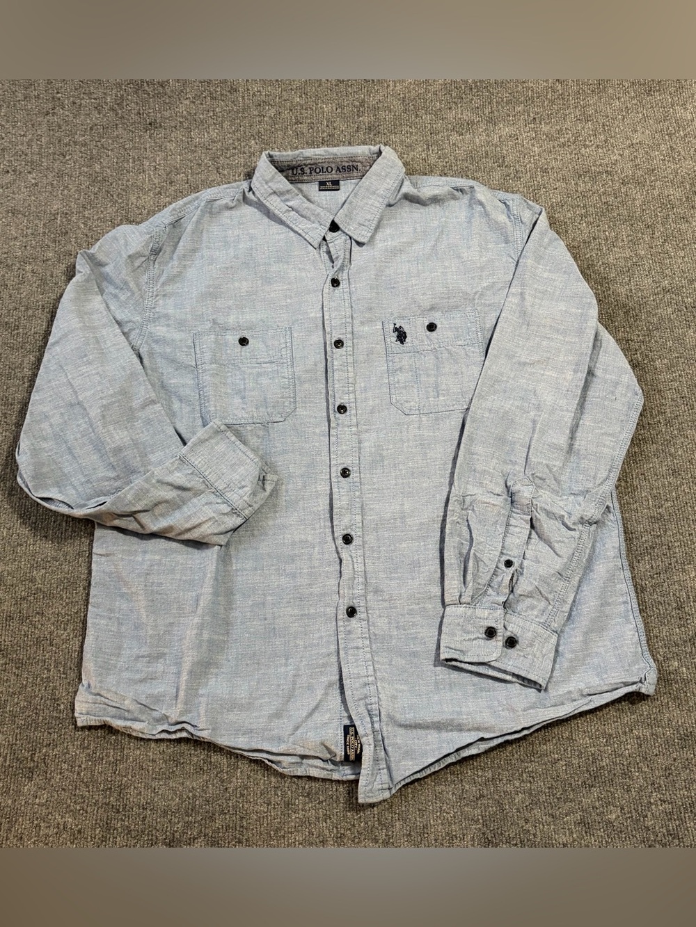 U.S. Polo Assn Men XL Blue Chambray Button Front Shirt Long Sleeve Cotton Casual